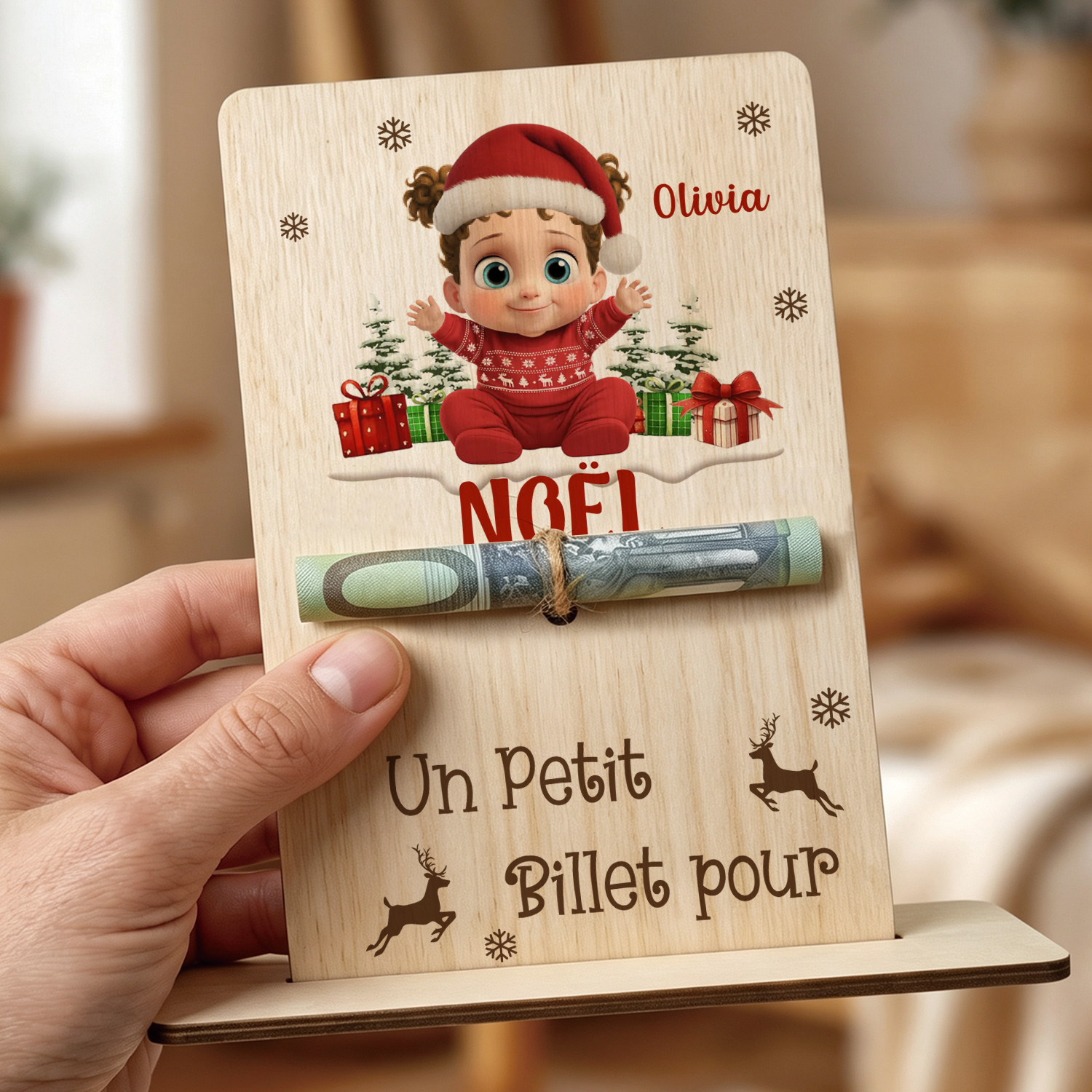 Porte-Billet en Bois Personnalisé avec Prénom pour offrir de l’argent à Noël aux enfants
