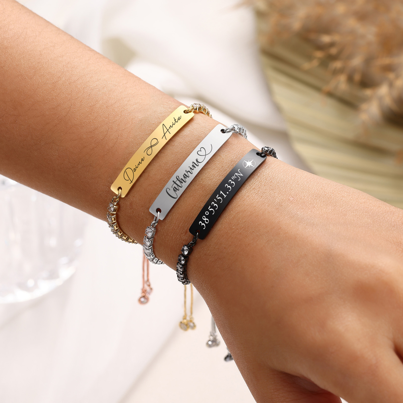 Bracelet Personnalisé Prénom – Bracelet Tennis réglable avec gravure (nom, date, texte ou symbole)