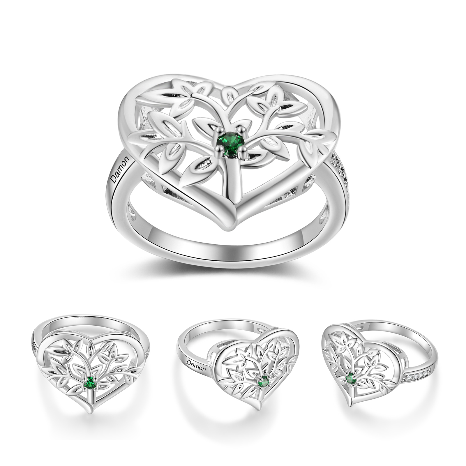 Bague Arbre de Vie Personnalisée – Anneau Cœur avec Pierres de Naissance et Gravure de Noms