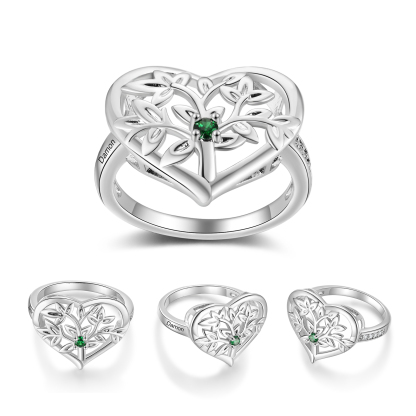 Bague Arbre de Vie Personnalisée – Anneau Cœur avec Pierres de Naissance et Gravure de Noms
