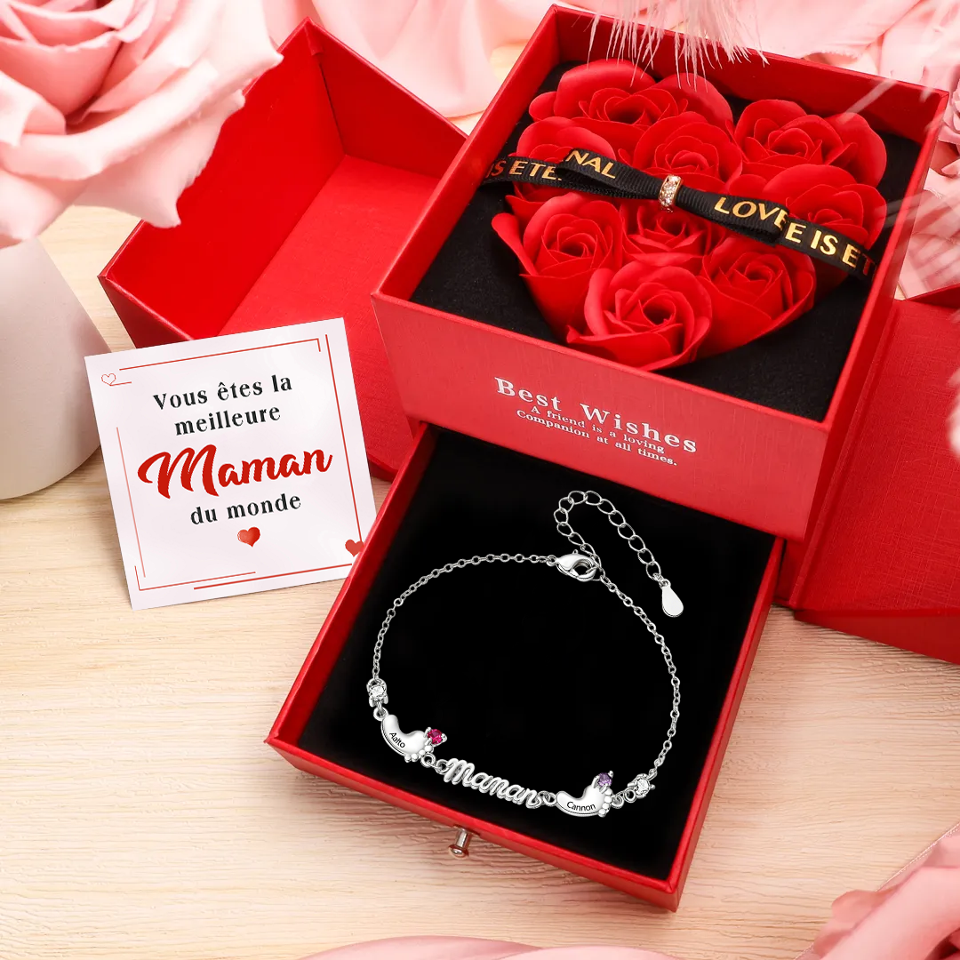Bracelet Personnalisé pour Maman avec 2 à 5 Prénoms, Pieds et Pierres de naissance
