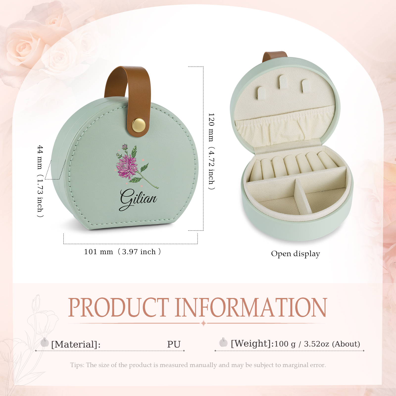 Boîte à Bijoux Personnalisée avec 1 Prénom et Fleur de Naissance pour Femme|Jessemade
