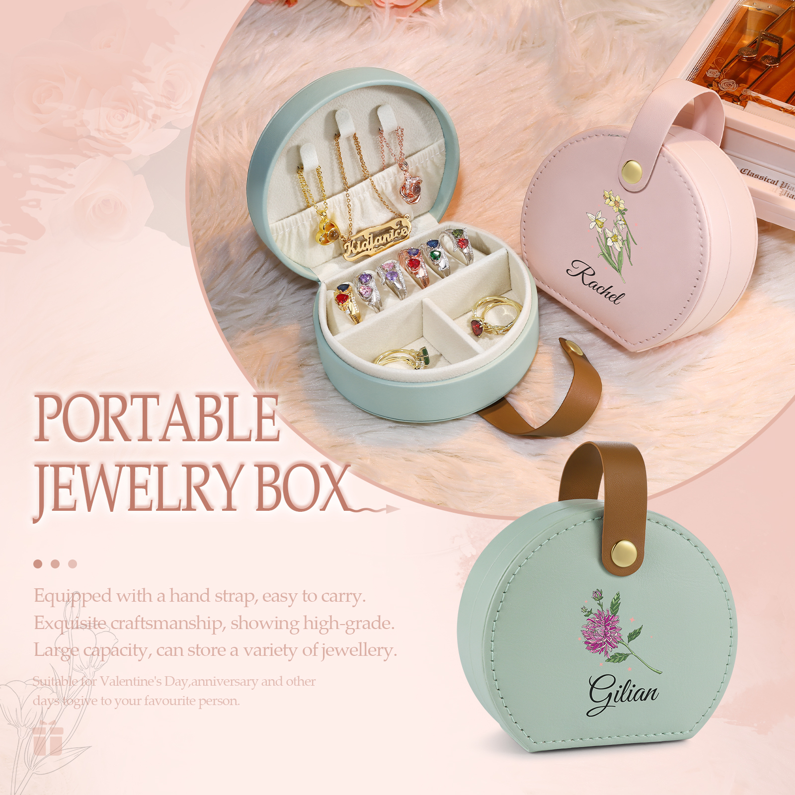 Boîte à Bijoux Personnalisée avec 1 Prénom et Fleur de Naissance pour Femme|Jessemade