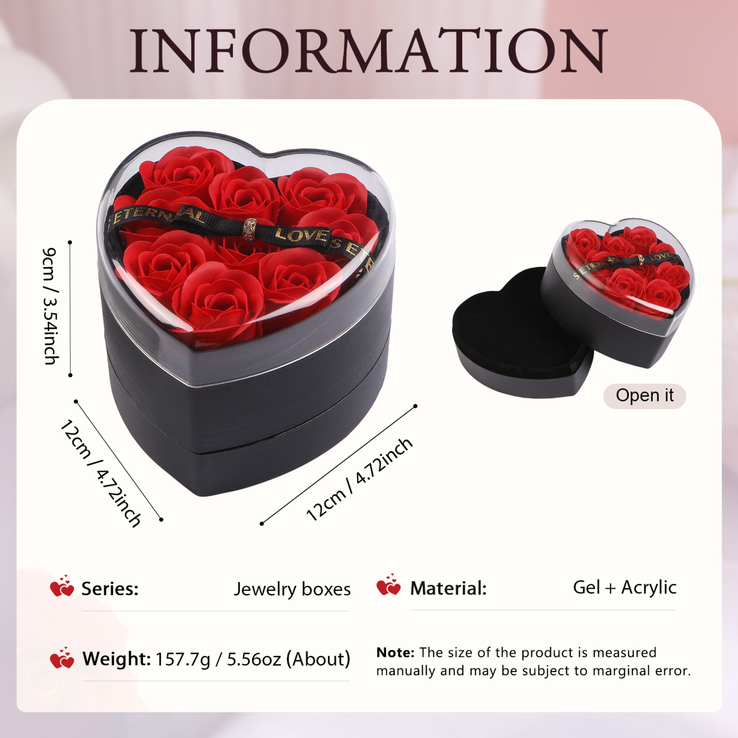 Boîte à Bijoux en Forme de Cœur avec Roses Coffre Cadeau Rouge,Noir | Jessemade