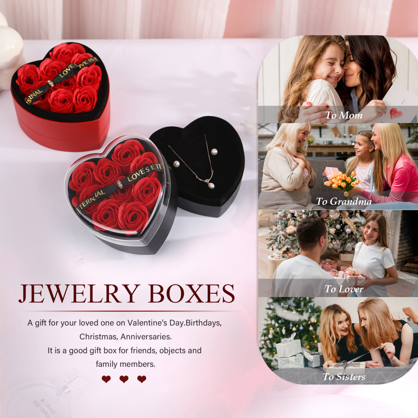 Boîte à Bijoux en Forme de Cœur avec Roses Coffre Cadeau Rouge,Noir | Jessemade