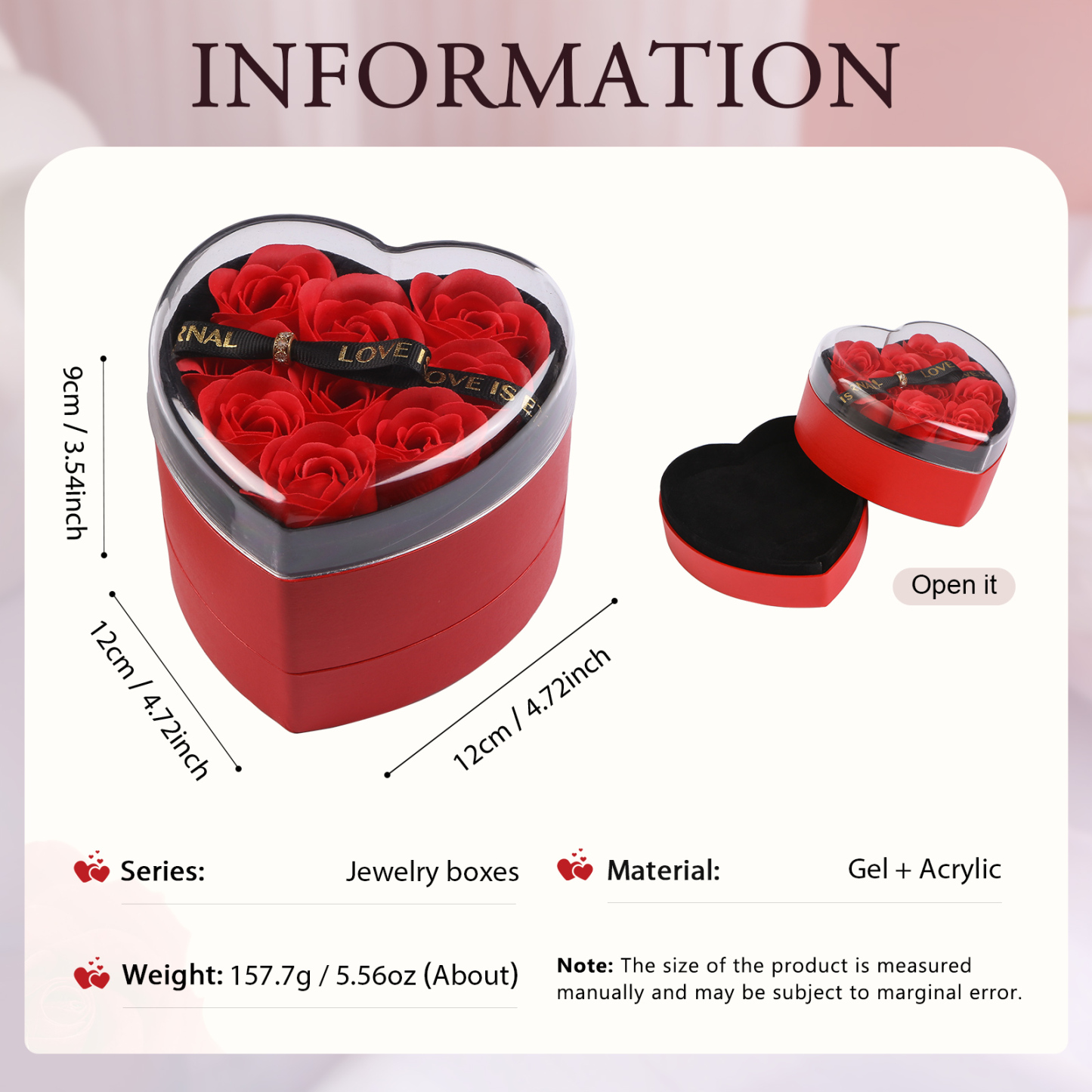 Boîte à Bijoux en Forme de Cœur avec Roses Coffre Cadeau Rouge,Noir | Jessemade