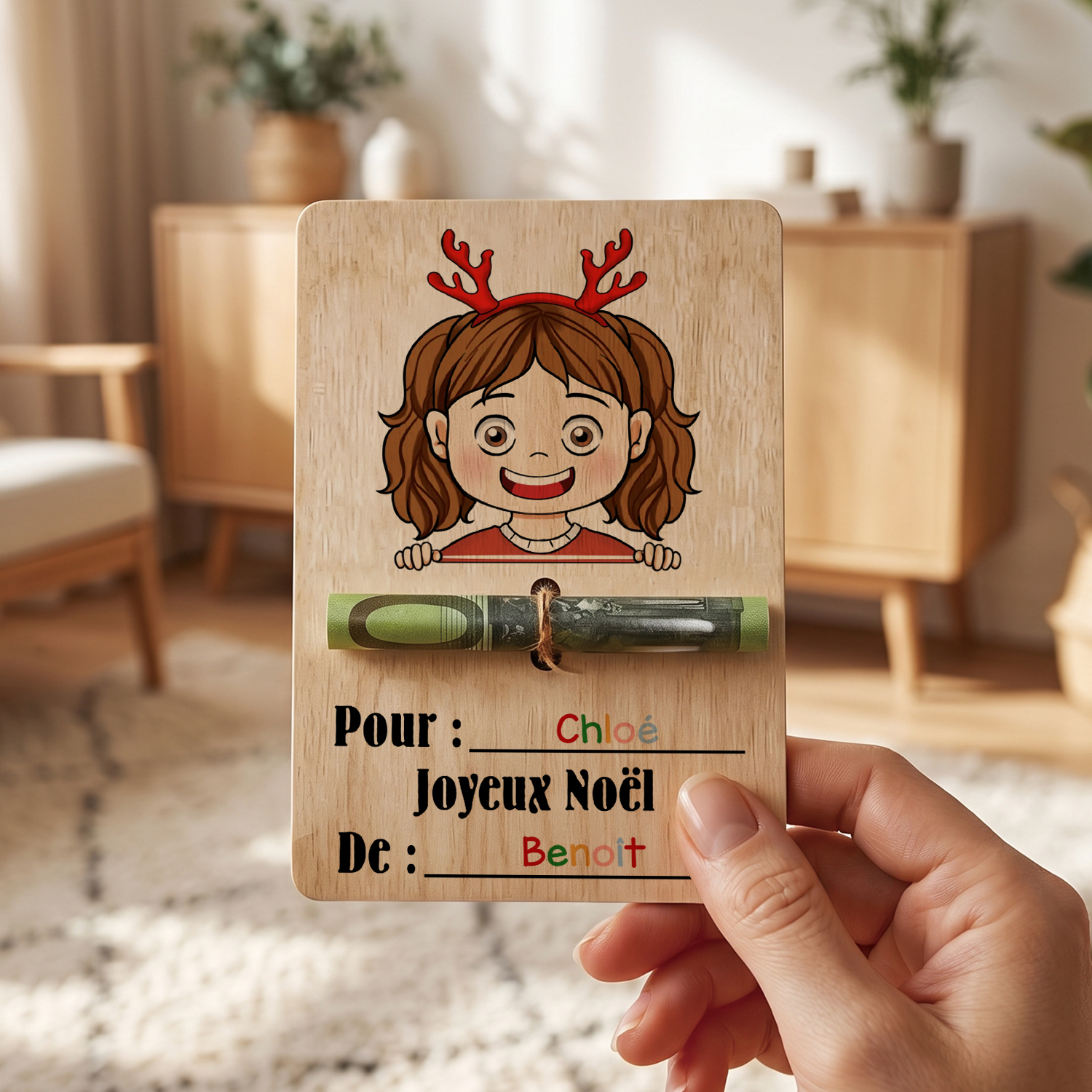 Porte-Billet de Noël Personnalisé en Bois avec 2 Prénoms – Carte Cadeau Argent pour Enfant