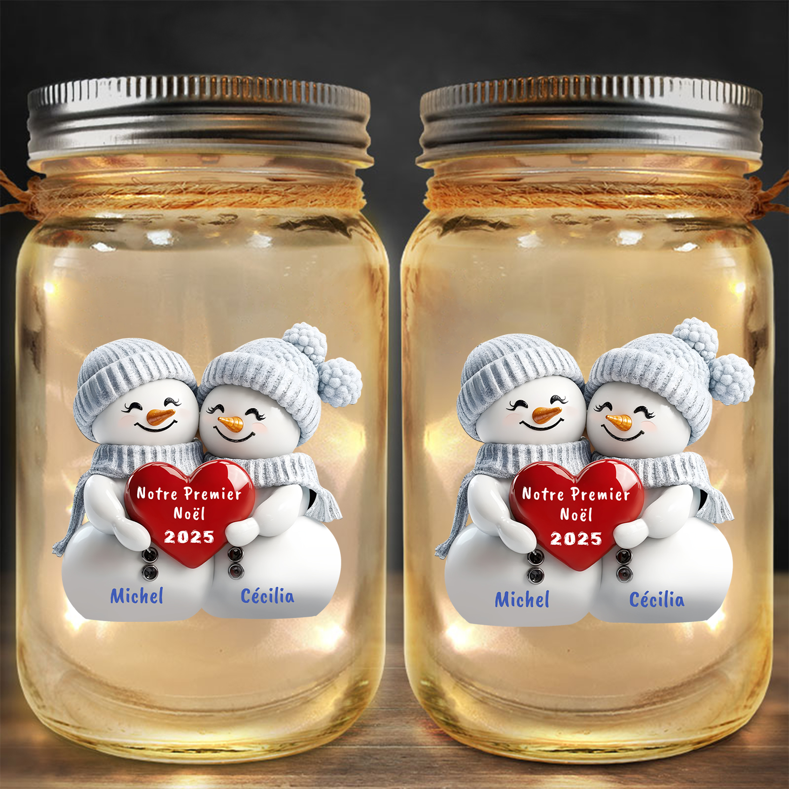 Bouteille Lumineuse Personnalisée, Bocal Solaire Bonhomme de Neige Premier Noël