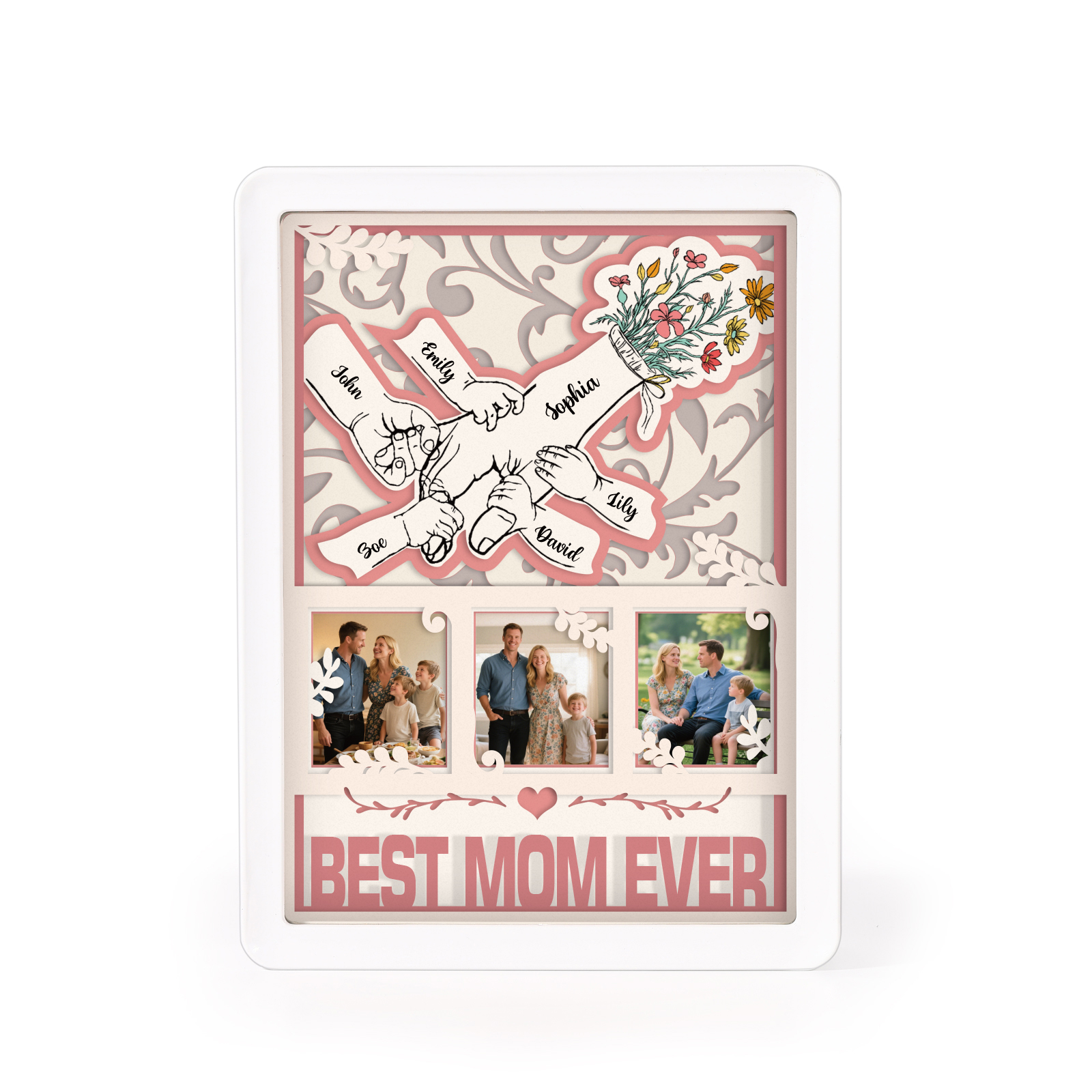 Cadre lumineux 3D en papier découpé « Main dans la main » – personnalisé avec prénoms, photos et texte