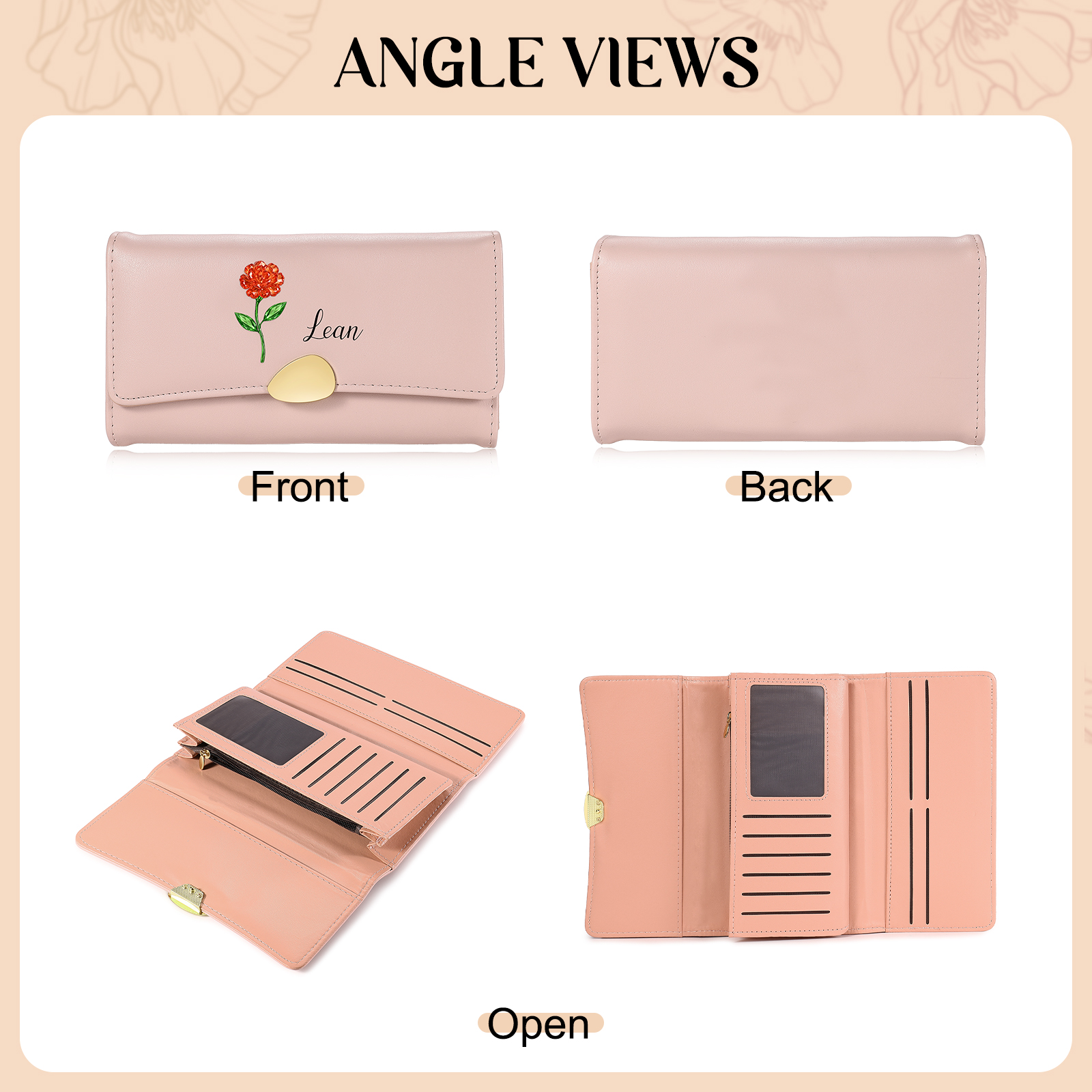 Portefeuille long Personnalisé pour Femme en cuir, avec Fleur de naissance et Prénom