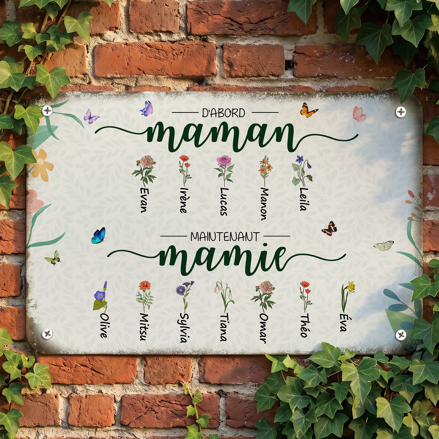 Plaque en Métal Personnalisée avec Prénoms et Fleurs de Naissance « D’abord Maman, maintenant Mamie »