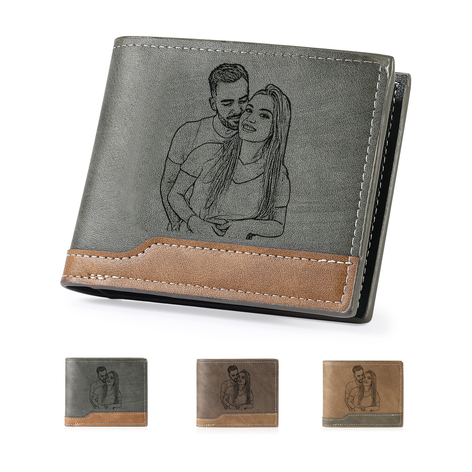 Portefeuille Homme Bicolore Personnalisé en cuir PU, à deux volets, personnalisé avec Photo, Calendrier, Initiales ou Prénom