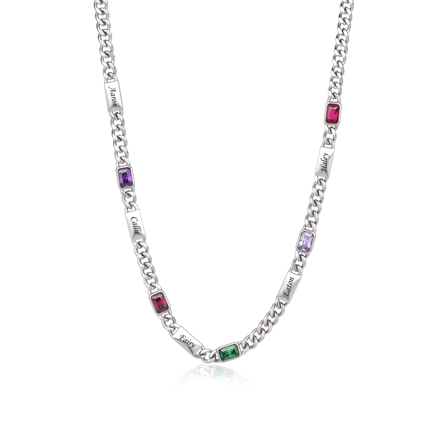 Collier Chaîne Cubaine Personnalisé avec 1 à 6 Prénoms et Pierres de Naissance Rectangulaires pour Homme