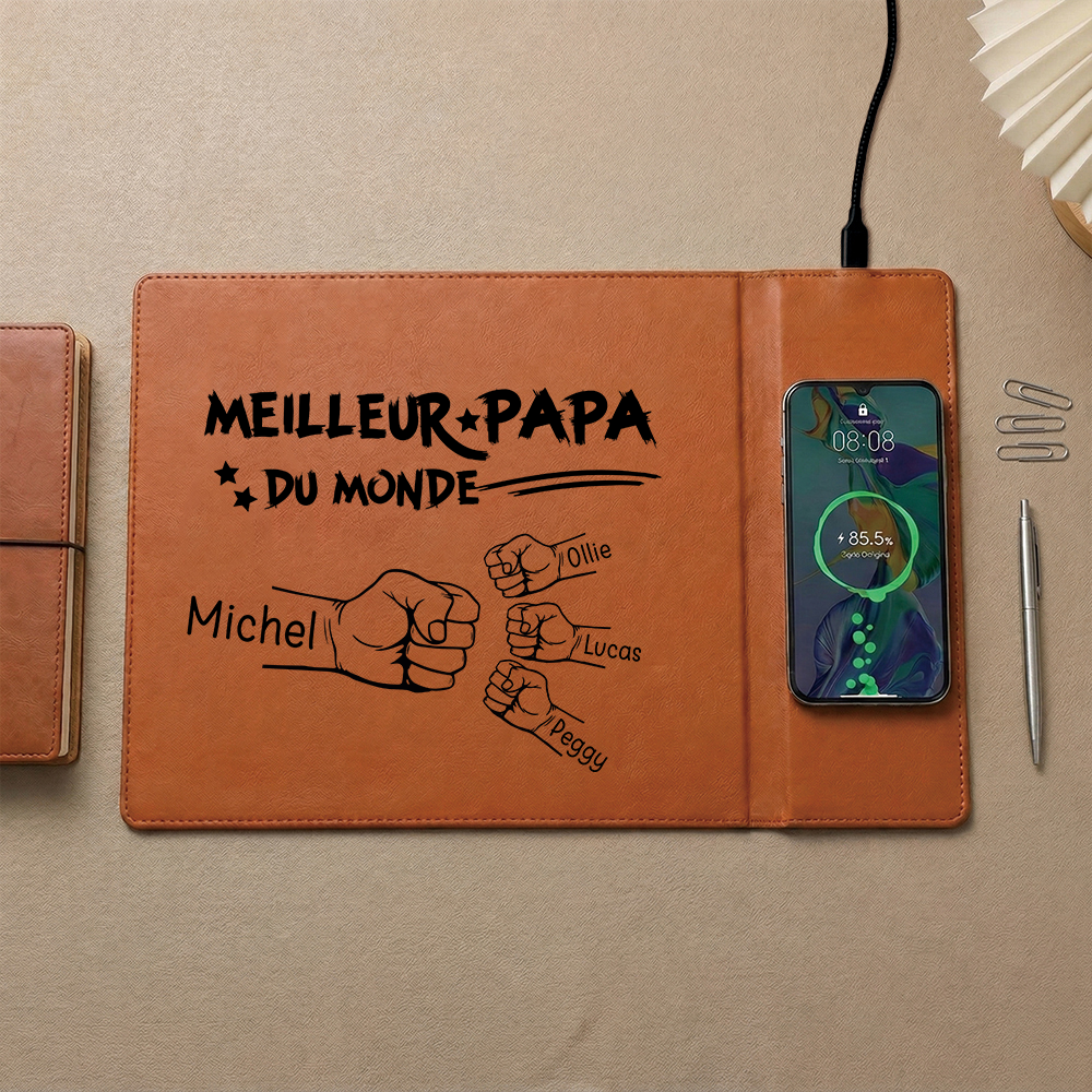 Sous-main de bureau personnalisé en cuir avec fonction de charge sans fil, Tapis de souris avec 1 à 6 Prénoms et Poing