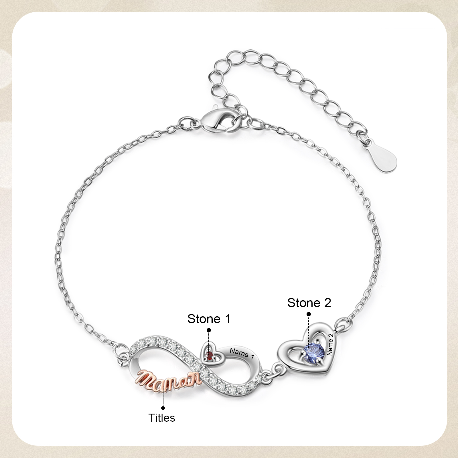 Bracelet Cœur Infini Personnalisé avec Pierres de naissance pour Maman, personnalisable avec 2 à 6 Prénoms