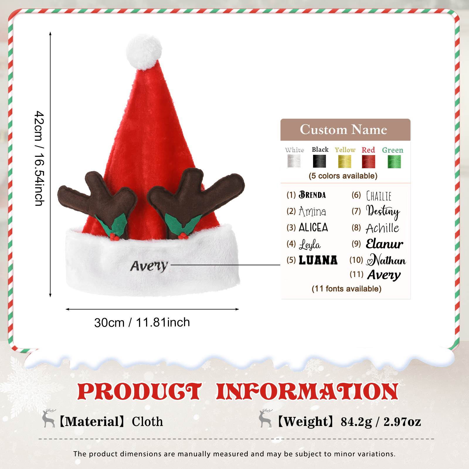 Bonnet de Noël avec des bois de renne et nom personnalisé avec différentes polices d'écriture
