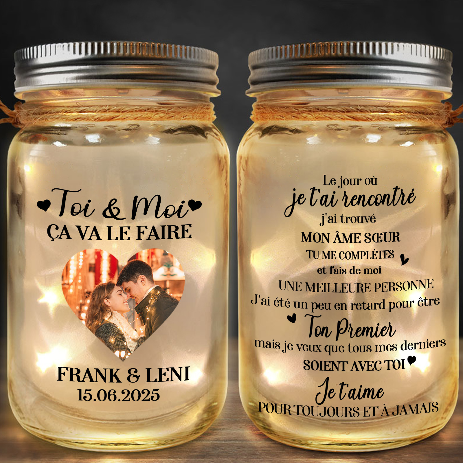 Bocal Lumineux avec Photo & Message d'Amour – Lampe Souvenir Personnalisée Couple