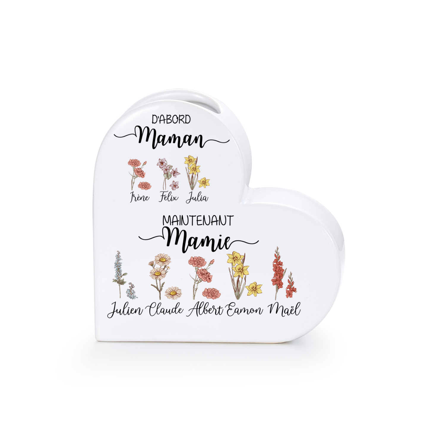 Vase Cœur en Céramique Personnalisé 2 à 10 Prénoms et Fleurs de Naissance,cadeau Fête des Mères pour Mamie Maman