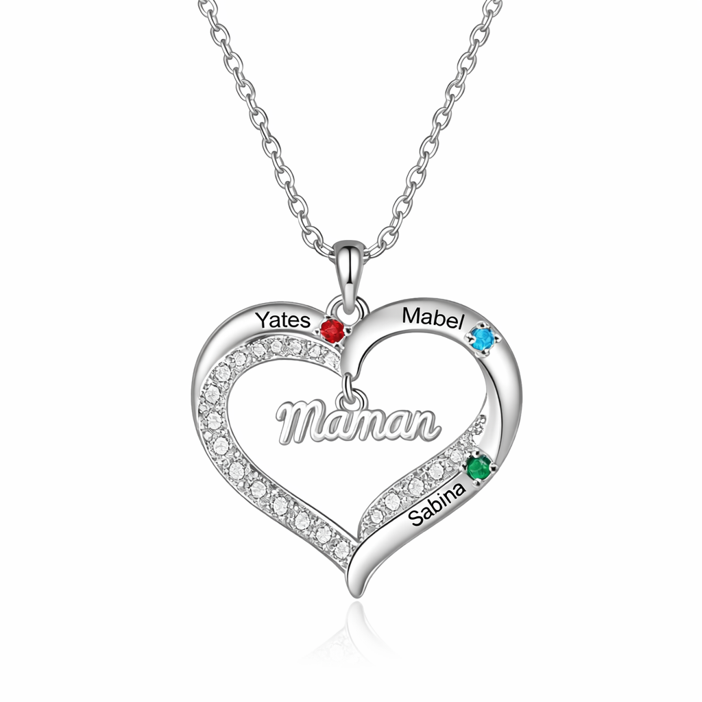 Collier Cœur Personnalisé pour Maman avec Pierres de Naissance et 2 à 5 Prénoms