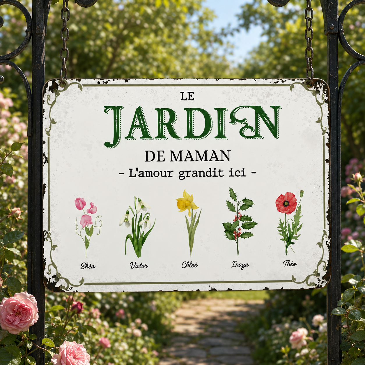 Plaque Métal Personnalisée avec 1-7 Prénoms et Fleurs de Naissance – Décoration Murale Jardin