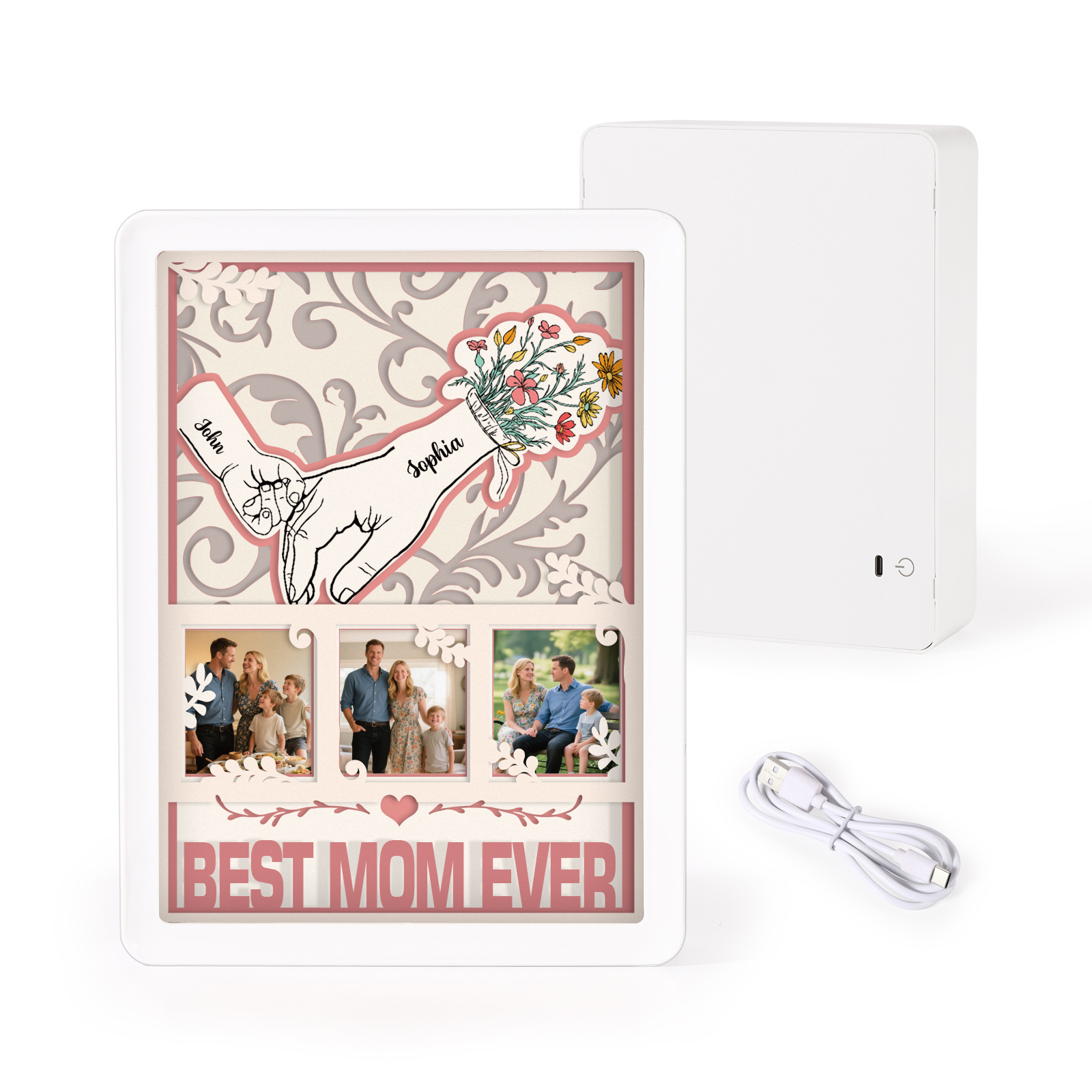 Cadre lumineux 3D en papier découpé « Main dans la main » – personnalisé avec prénoms, photos et texte