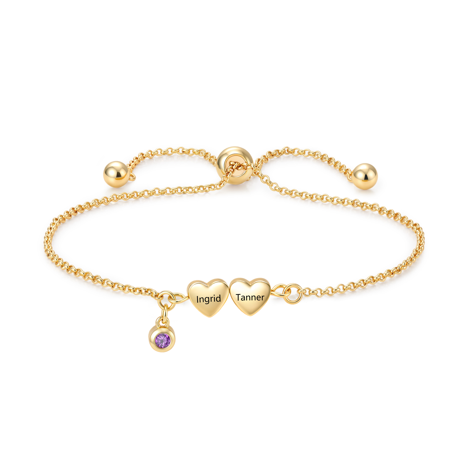 Bracelet Personnalisé à Cœurs Gravés avec 2 à 5 Prénoms et 1 Pierre de Naissance – Chaîne Réglable Dorée