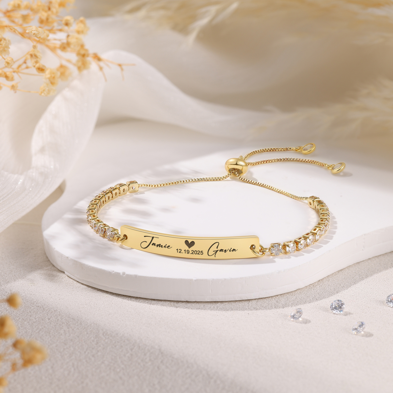 Bracelet Personnalisé Prénom – Bracelet Tennis réglable avec gravure (nom, date, texte ou symbole)