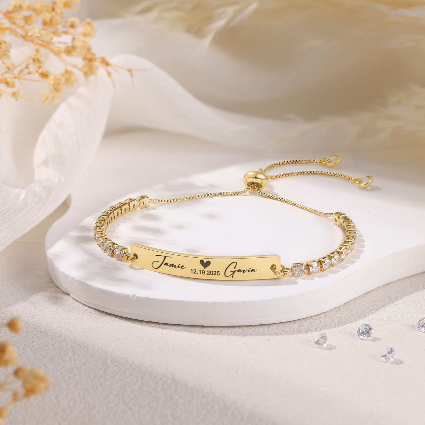 Bracelet Personnalisé Prénom – Bracelet Tennis réglable avec gravure (nom, date, texte ou symbole)