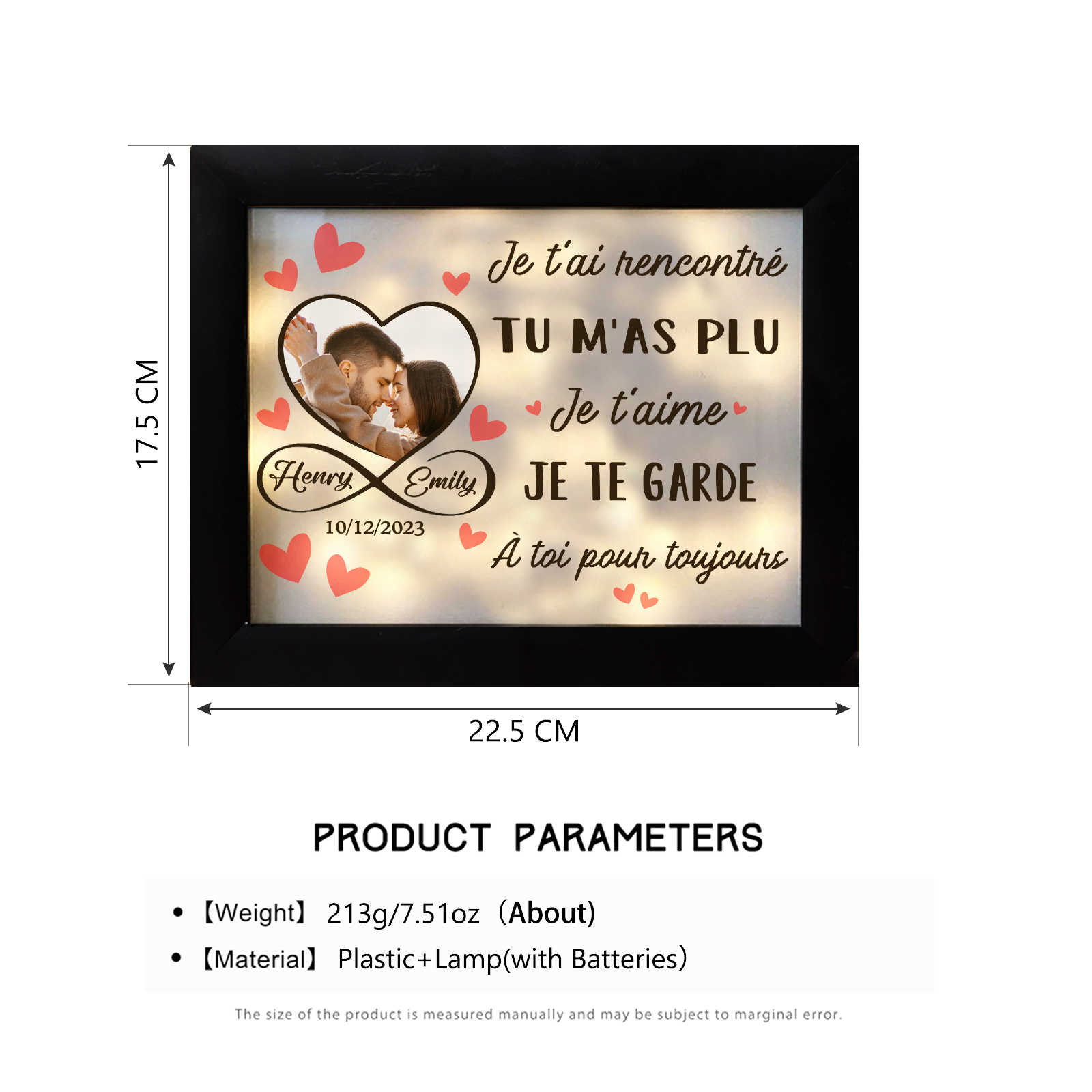 Cadre Photo Lumineux Personnalisé – Prénoms et Date, Cadeau d'Amour pour Couple