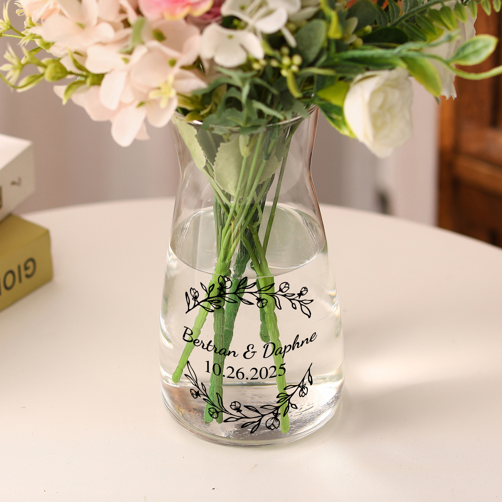Vase en verre transparent personnalisé – pour Couple, Fiançailles ou Mariage (sans fleurs)