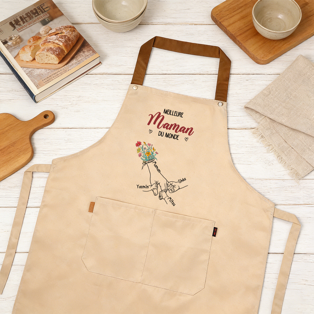 Tablier de Cuisine Personnalisé avec motif de mains et 2 à 7 Prénoms, cadeau pour Maman ou Mamie