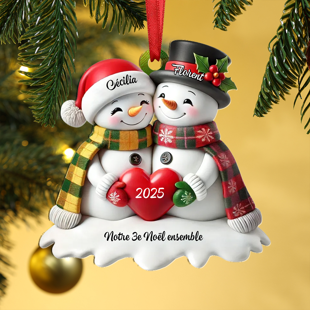 Décoration Sapin Noël Couple Bonhommes de Neige Coeur Personnalisable