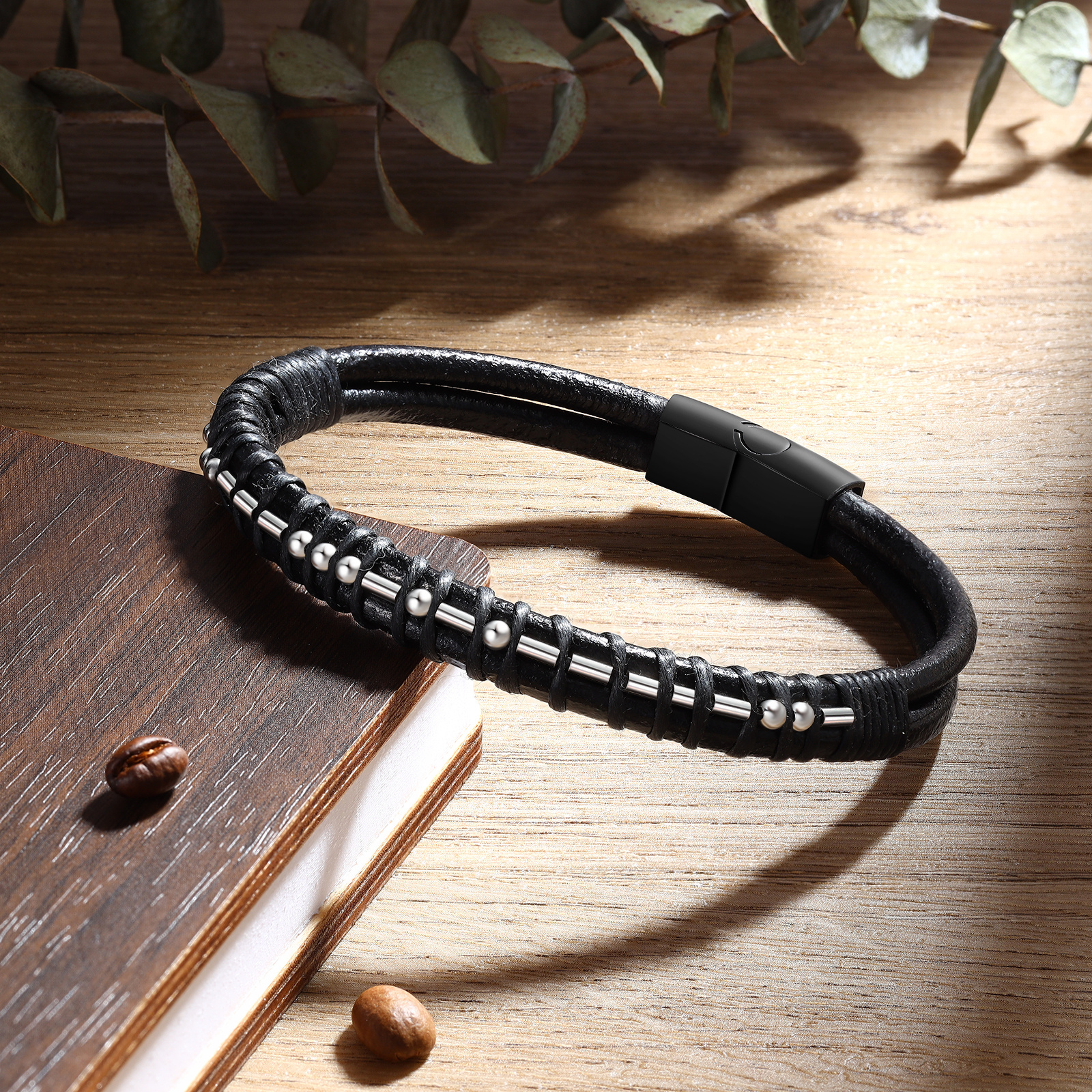 Bracelet cuir noir homme code Morse personnalisé