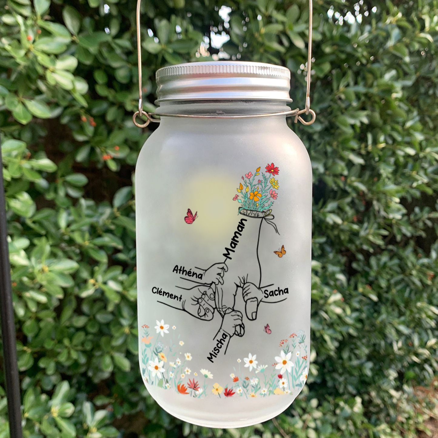 Bouteille Lumineuse Solaire Personnalisé la Main dans la Main Bocal en verre pour Maman