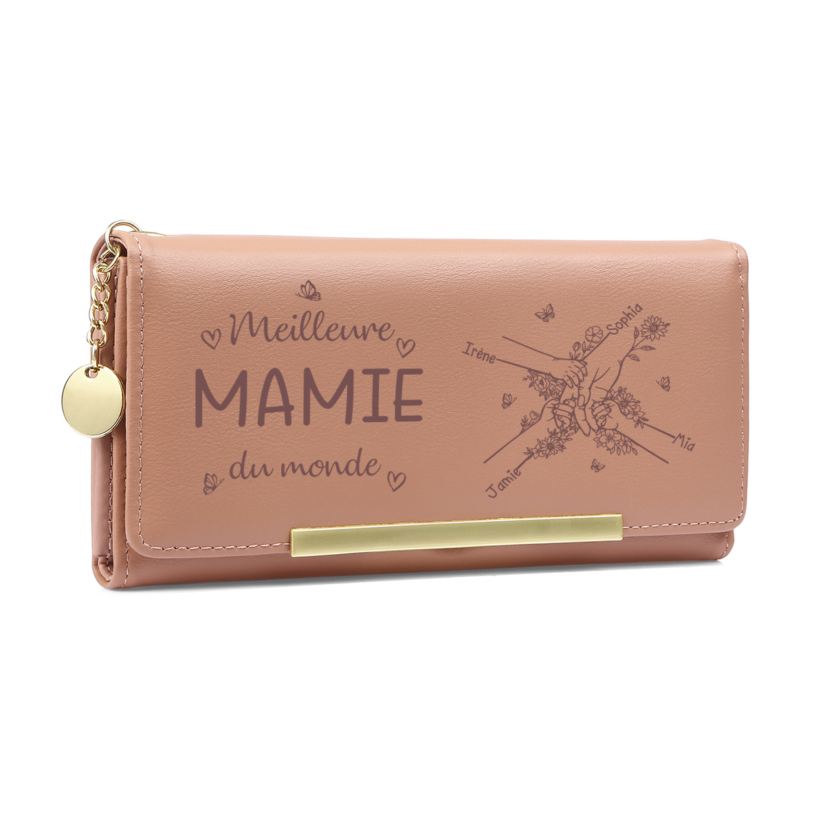 Portefeuille personnalisé Meilleure Mamie du monde – Porte-monnaie gravé avec nom personnalisé, cadeau pour grand-mère | Jessemade