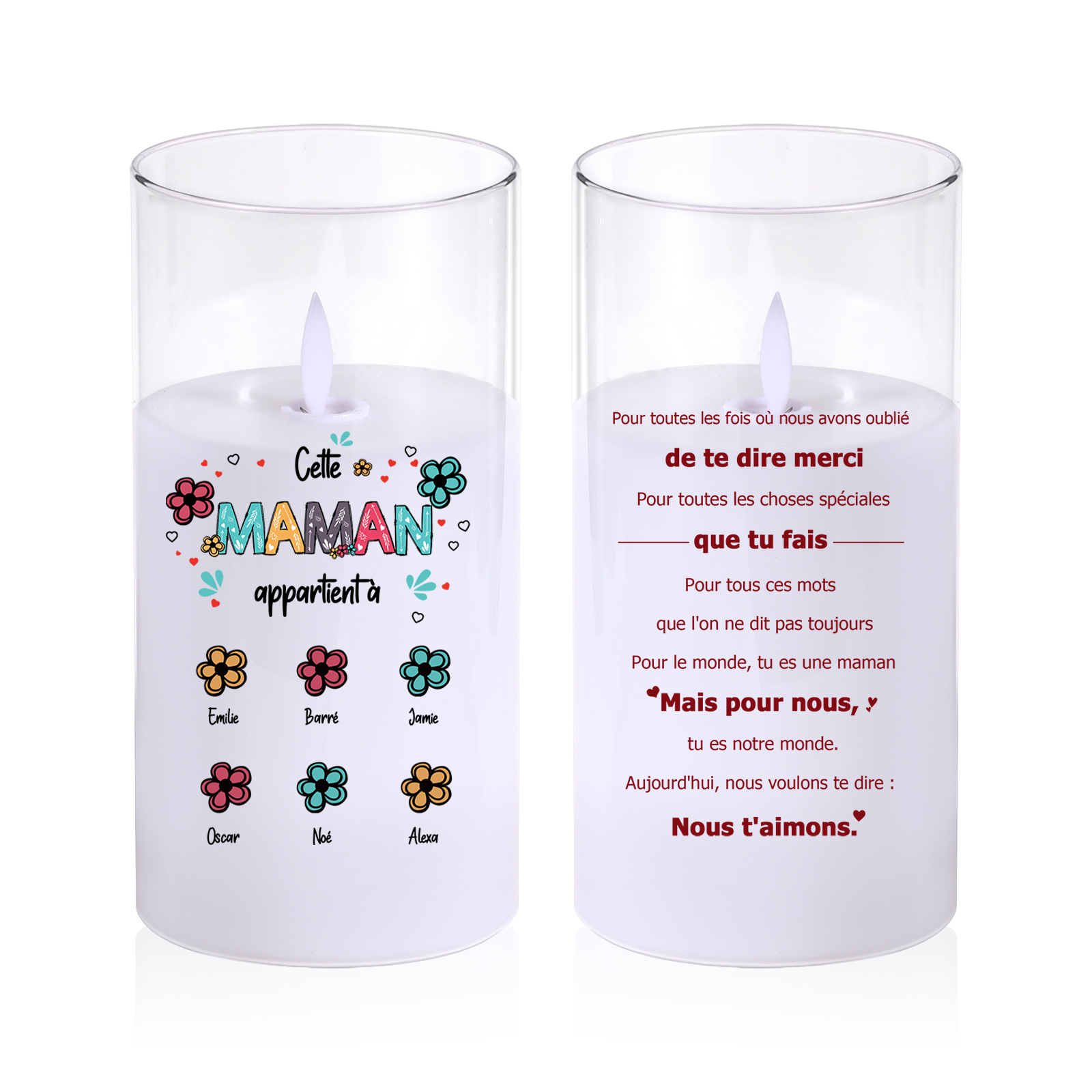 Bougies en verre LED Personnalisée « Cette maman/mamie est aimée par » - Cadeaux Fête des Mères/Grands-Mères
