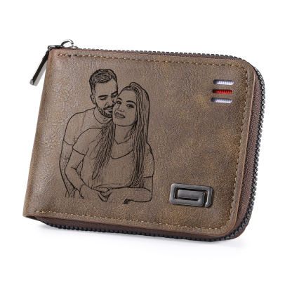 Portefeuille homme personnalisé en cuir PU avec fermeture éclair – avec photo, calendrier ou prénom