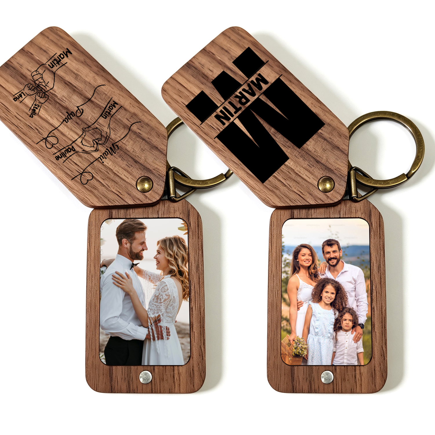 Porte-Clés Photo Personnalisé en Bois avec 2 à 9 Prénoms et des Poings pour Papa ou Mari