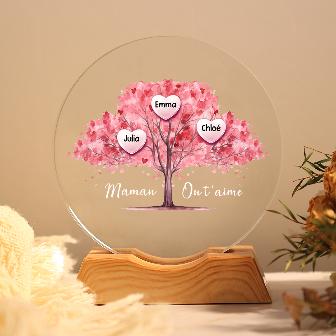 Veilleuse en cristal LED personnalisée avec arbre généalogique en forme de cœur et 1 à 7 prénoms