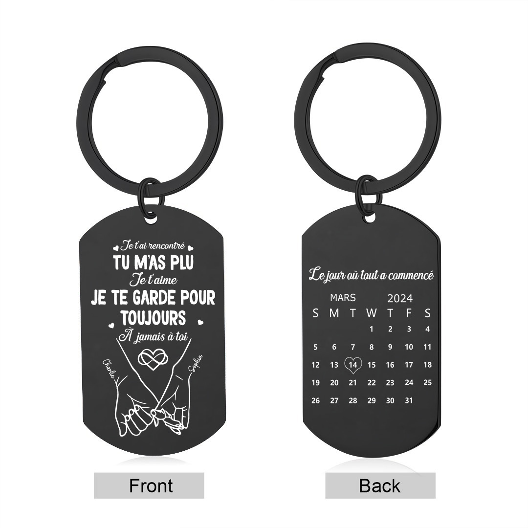 Porte-Clés Acier Inox Noir Gravé Calendrier Couple
