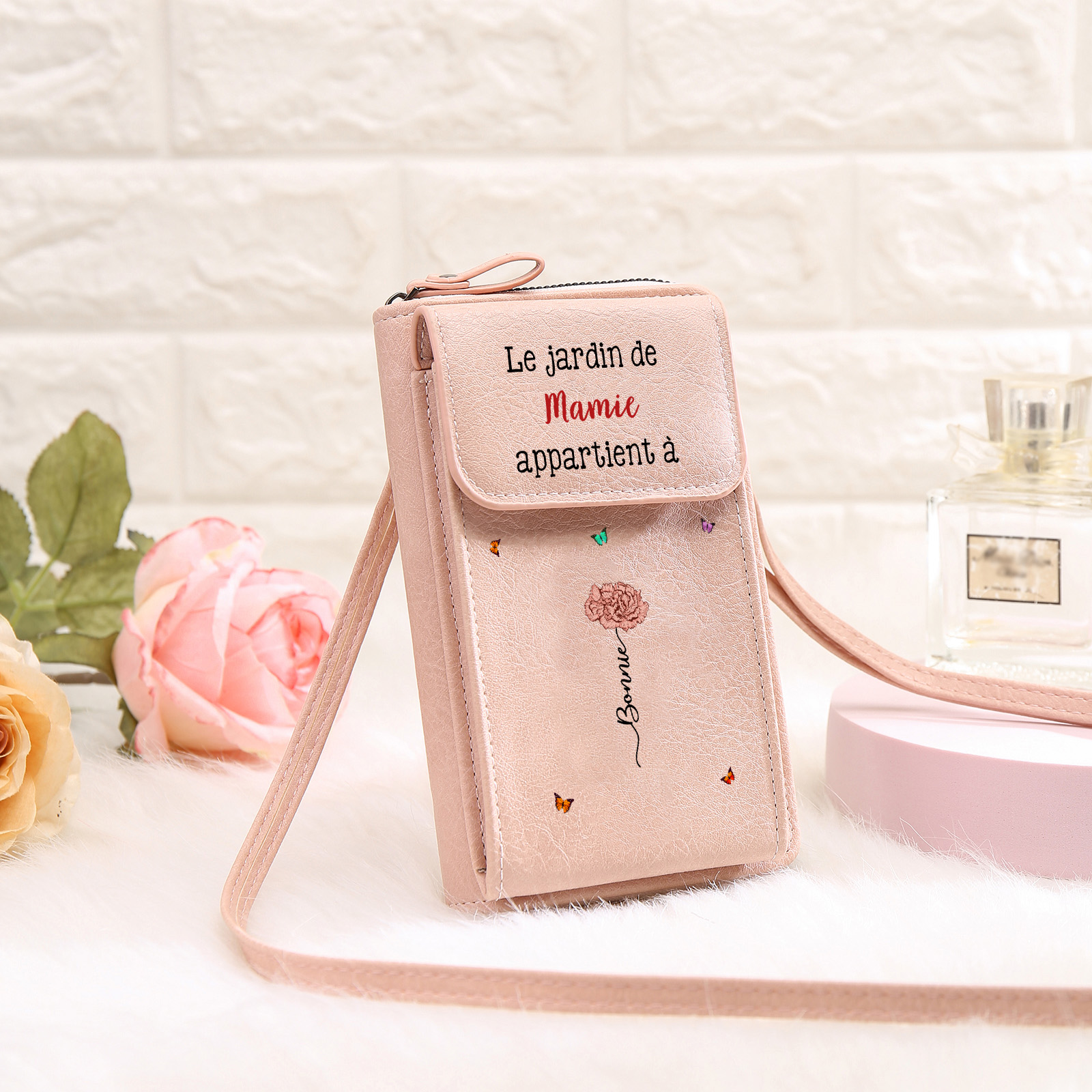 Sac bandoulière personnalisé, Portefeuille Personnalisé avec 1-6 Prénoms et Fleurs de Naissance Cadeau Pratique pour Mamie | Jessemade