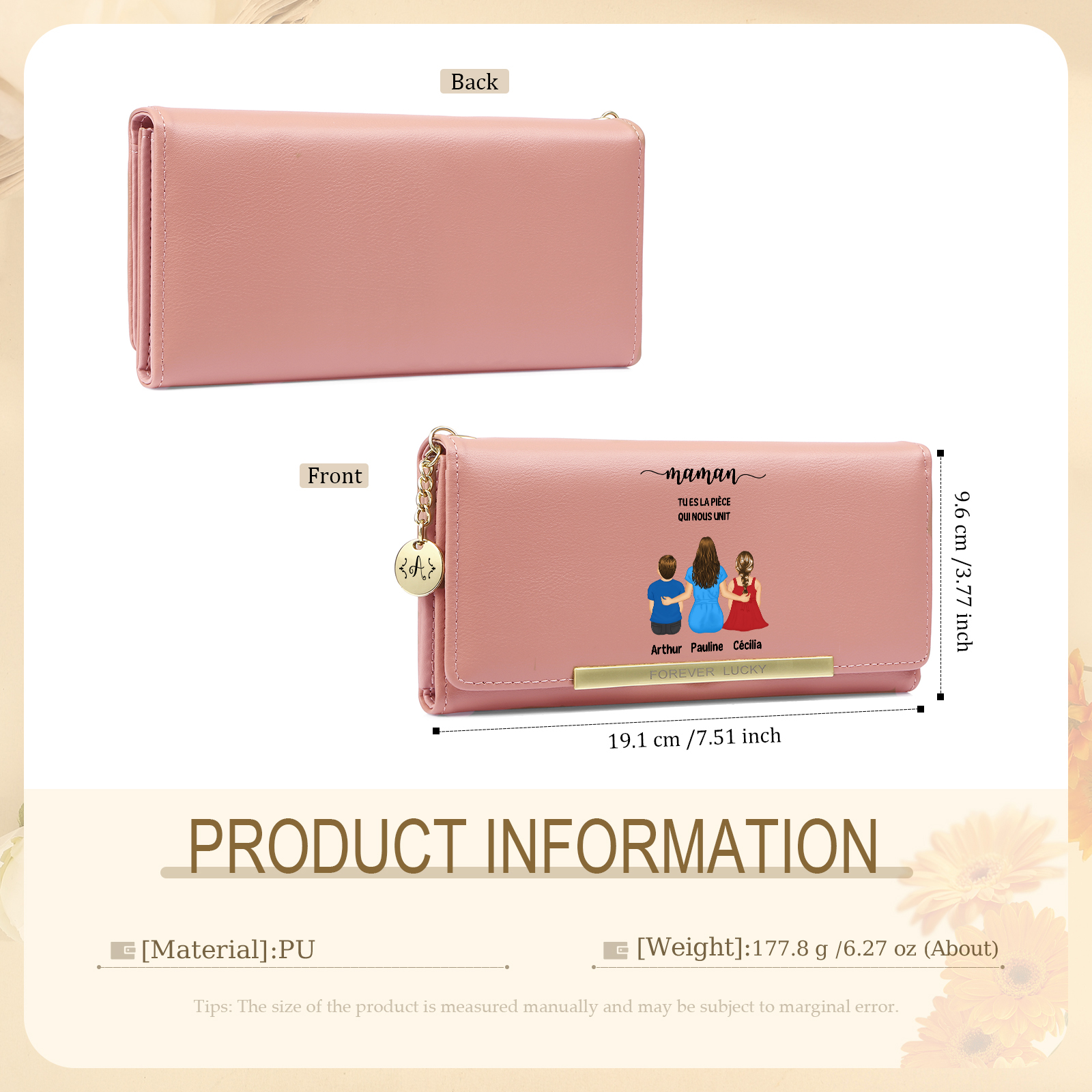 Portefeuille Personnalisé en cuir pour maman avec 1 à 6 figurines d’enfants et prénoms