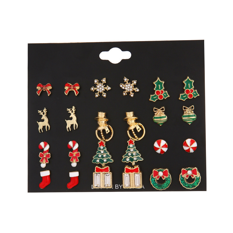 Set de Boucles d'Oreilles de Noël 12 Paires Motifs Festifs en Alliage Doré Cadeau pour femme | Jessemade