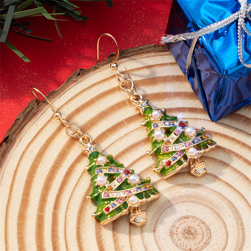 Boucles d'Oreilles Sapin de Noël avec Perles et Strass Cadeau Noël | Jessemade