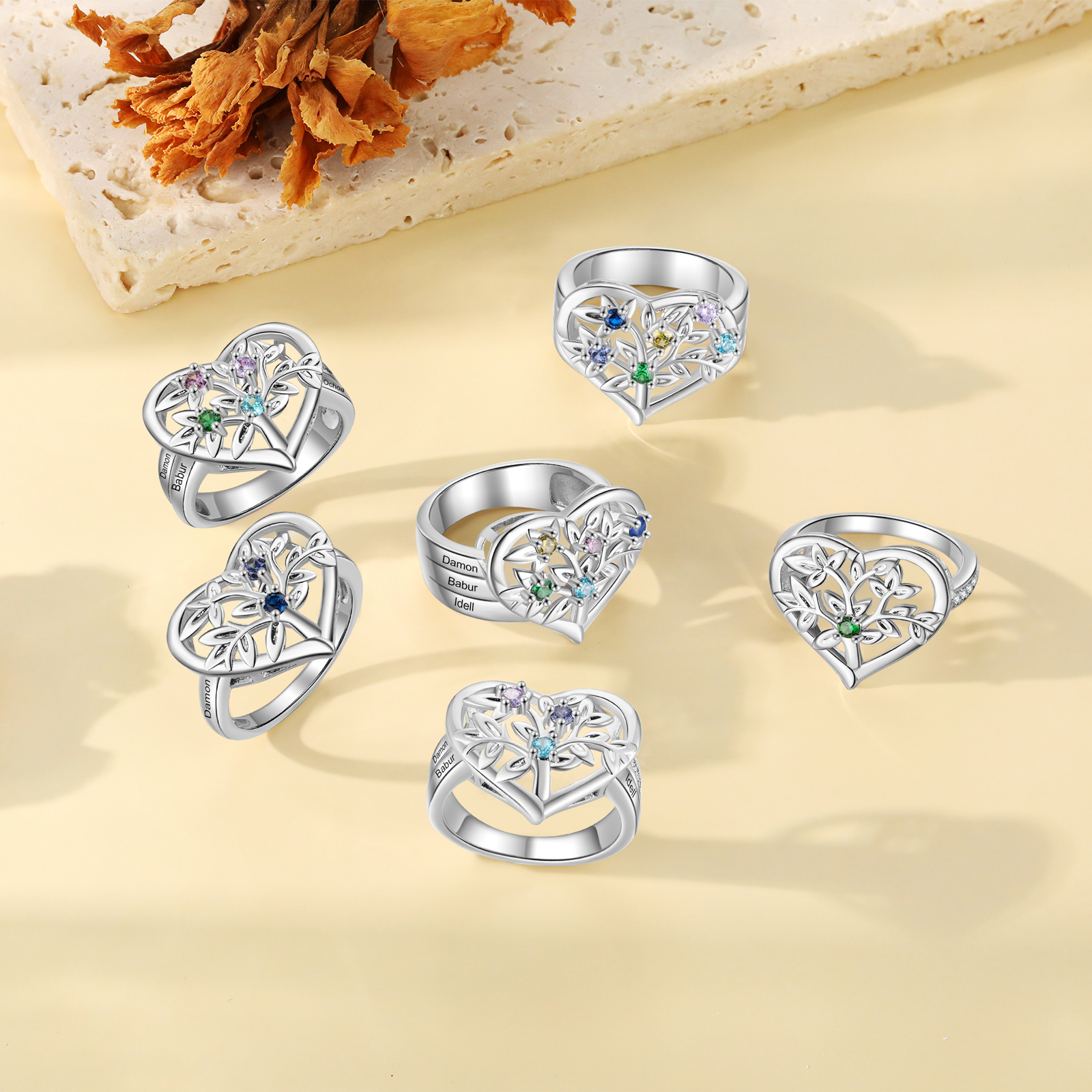 Bague Arbre de Vie Personnalisée – Anneau Cœur avec Pierres de Naissance et Gravure de Noms