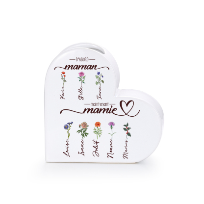 Vase personnalisée Cœur en Céramique « D’abord maman, maintenant mamie », Personnalisée avec 2 à 10 Fleurs de naissance et Prénoms