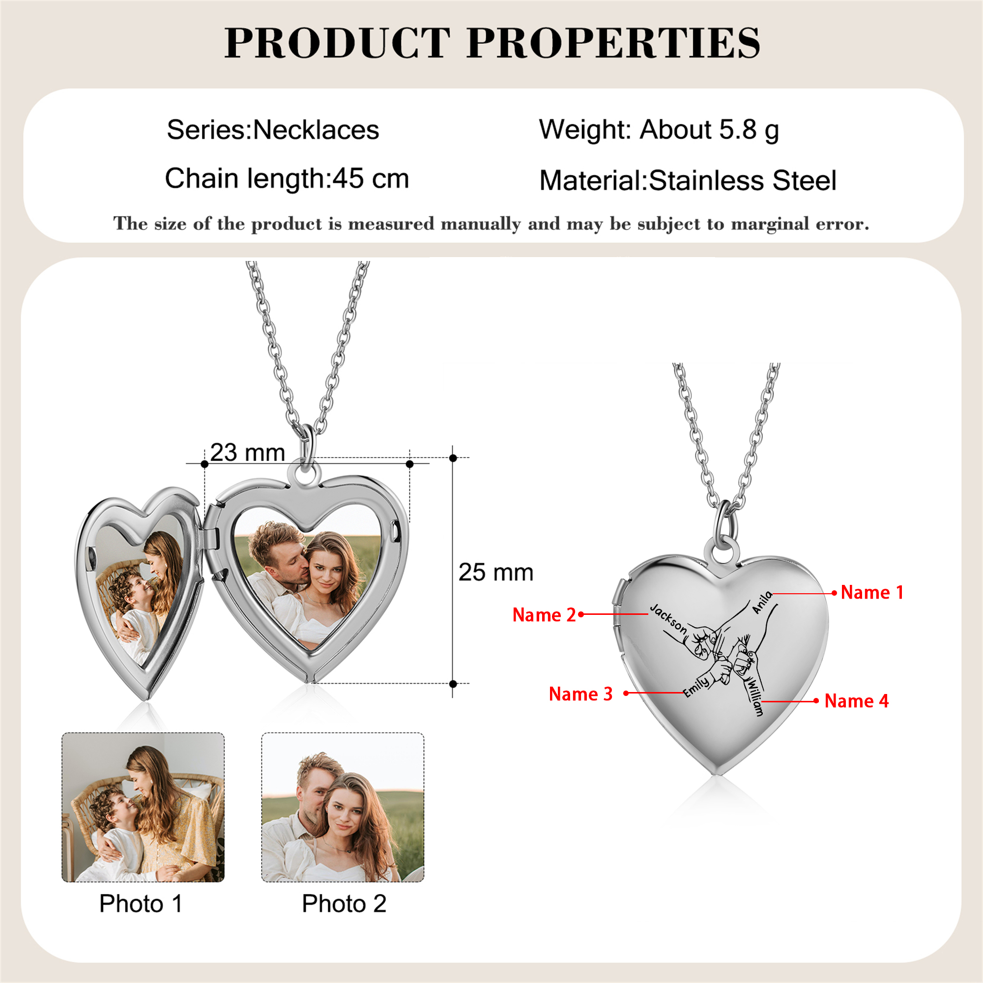 Collier Médaillon Cœur Personnalisé avec 2 Photos et 2 à 8 Prénoms Gravés – Bijou Souvenir Famille