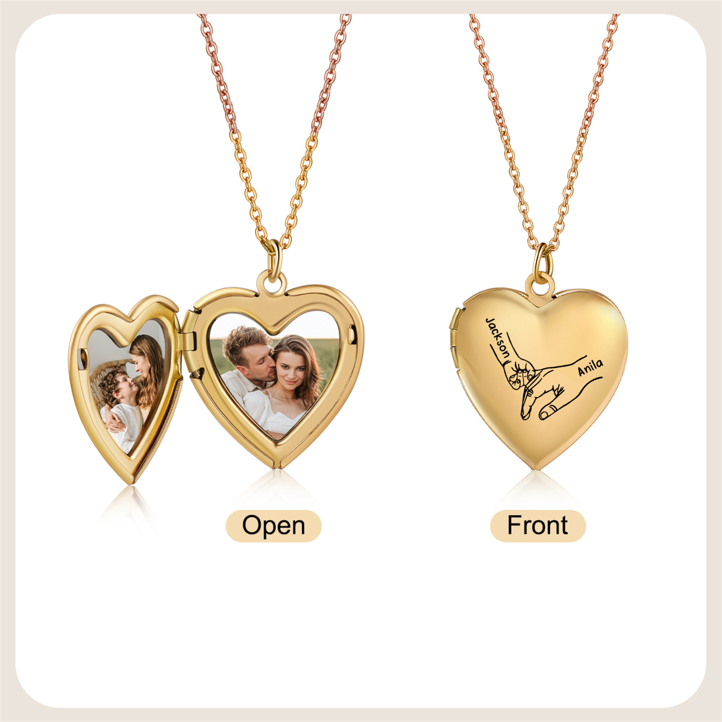 Collier Médaillon Cœur Personnalisé avec 2 Photos et 2 à 8 Prénoms Gravés – Bijou Souvenir Famille