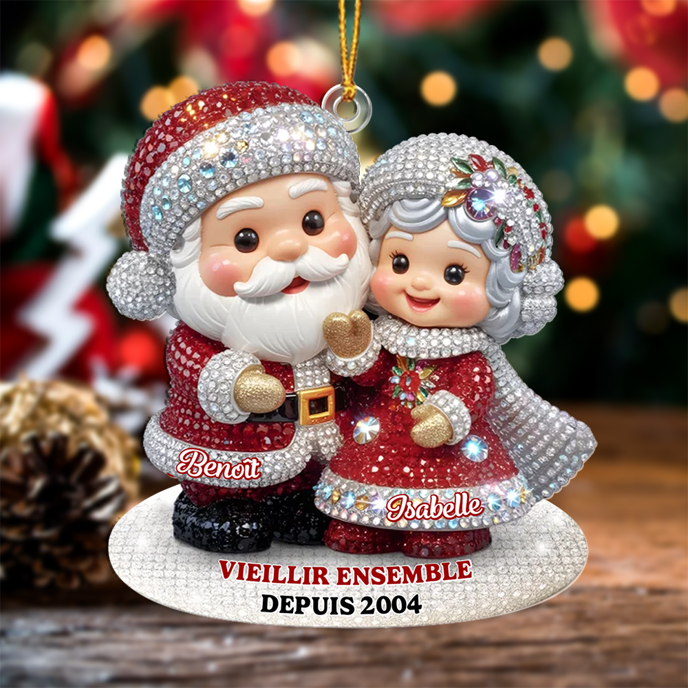 Décoration Sapin Noël Couple Père et Mère Noël à paillettes et strass (2D à plat, non 3D)