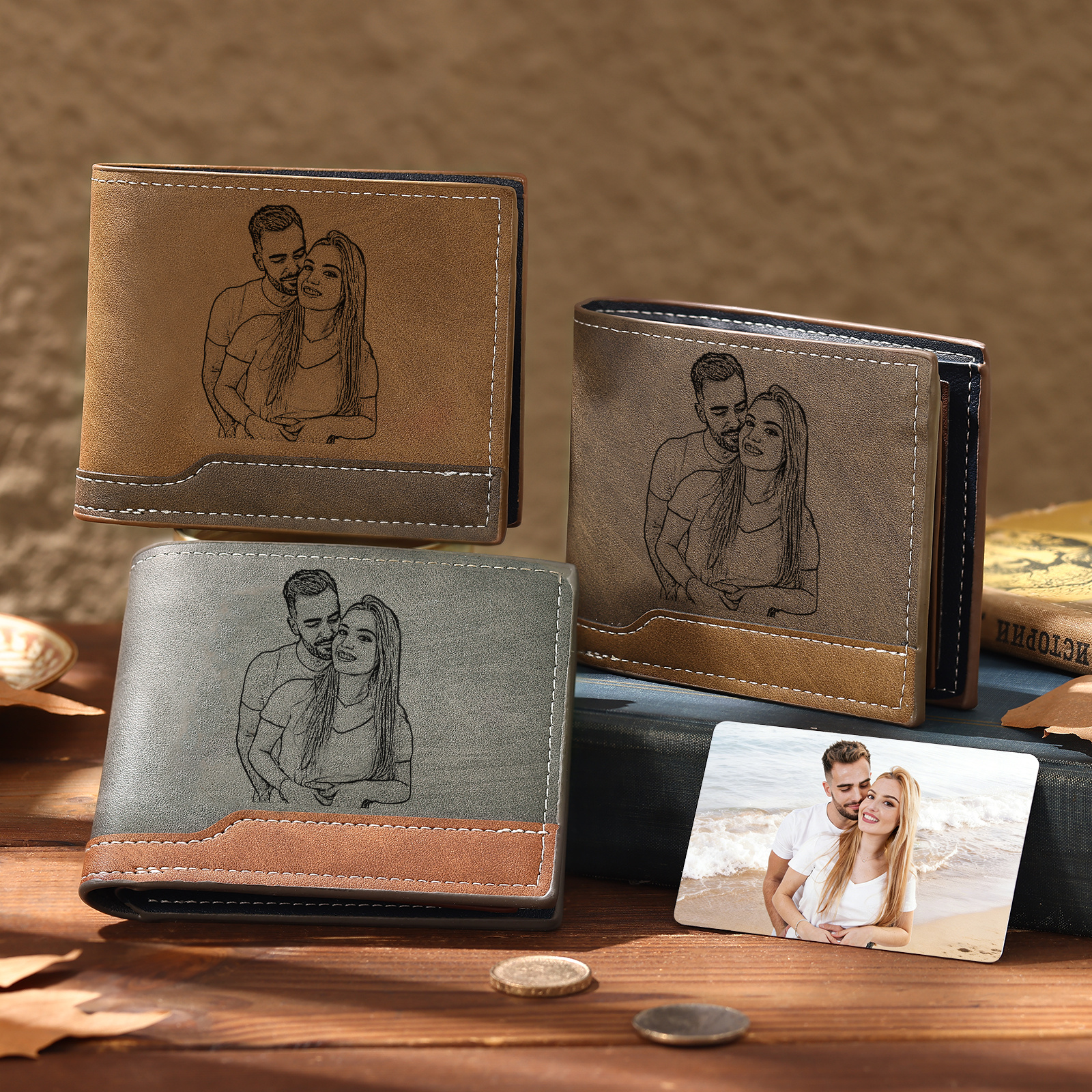 Portefeuille Homme Bicolore Personnalisé en cuir PU, à deux volets, personnalisé avec Photo, Calendrier, Initiales ou Prénom